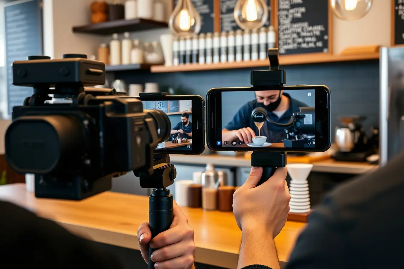 Videographer recording vertical content of a barista making coffee